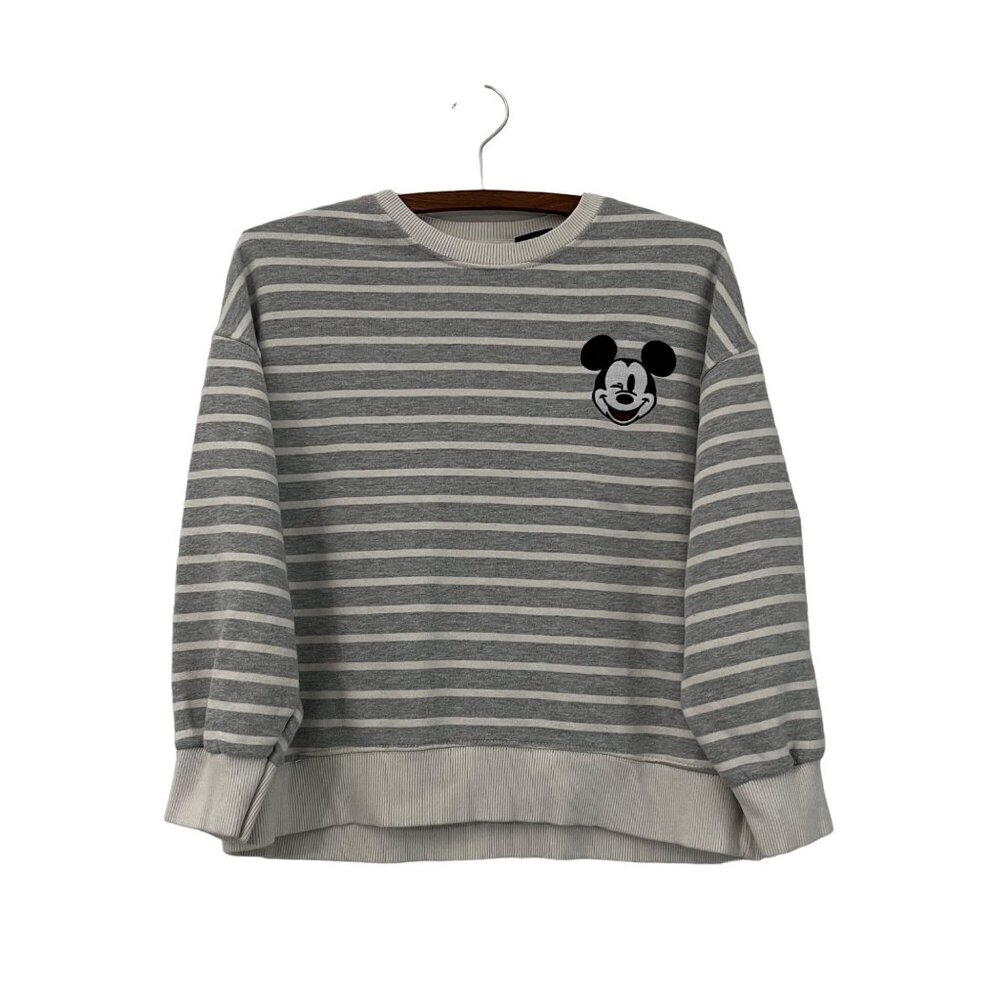 Zara X Disney Kids Gray Cream Striped Mickey Embroidered Sweatshirt Size 10